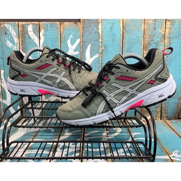 ASICS GEL VENTURE 7 WOMENS SZ 7.5 OLIVE GREEN/PINK RUNNING SHOE 1012A476 - Picture 1 of 10